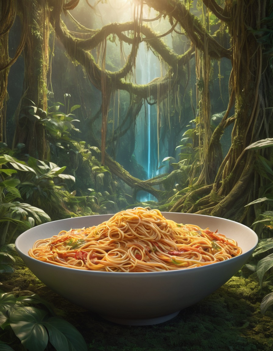 giant bowl, spaghetti, jungle, strange, food sculpture, wilderness, mystery