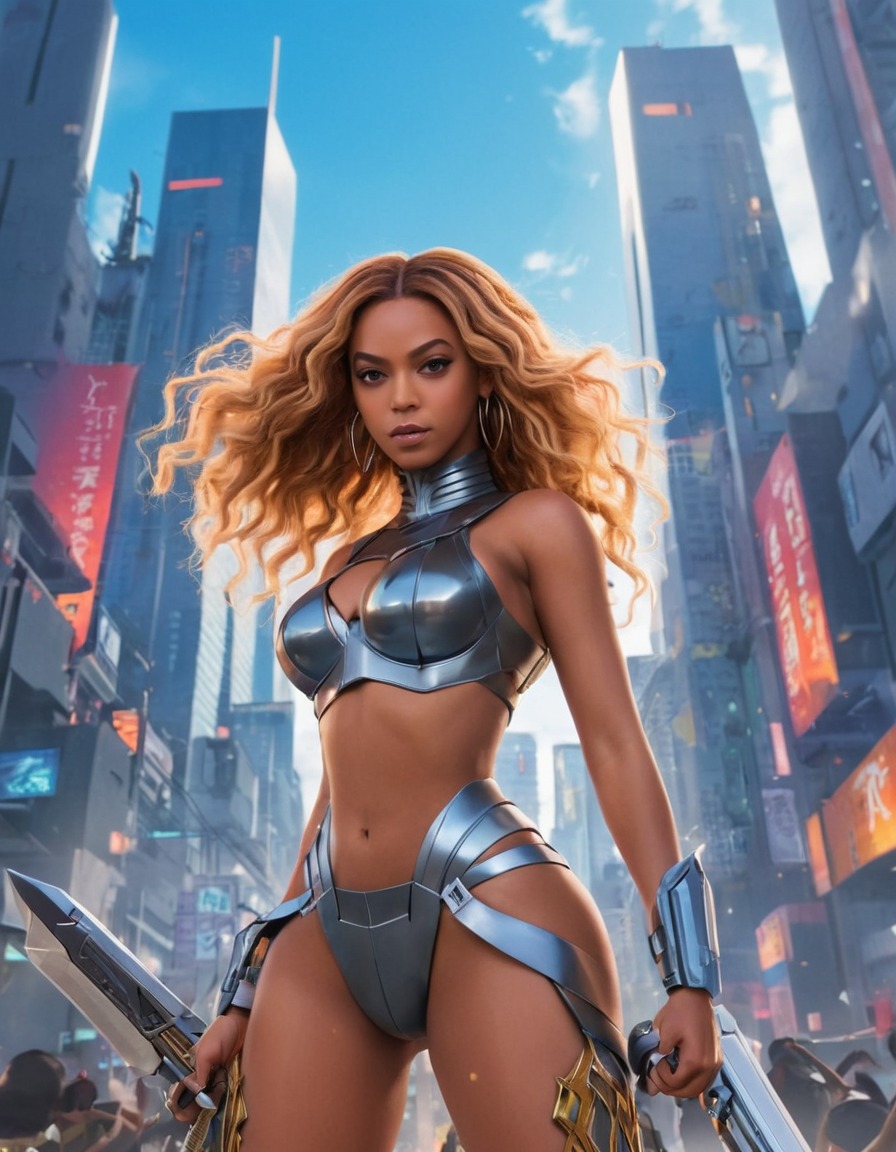 beyoncé, anime, warrior, futuristic, cityscape, powerful, magical