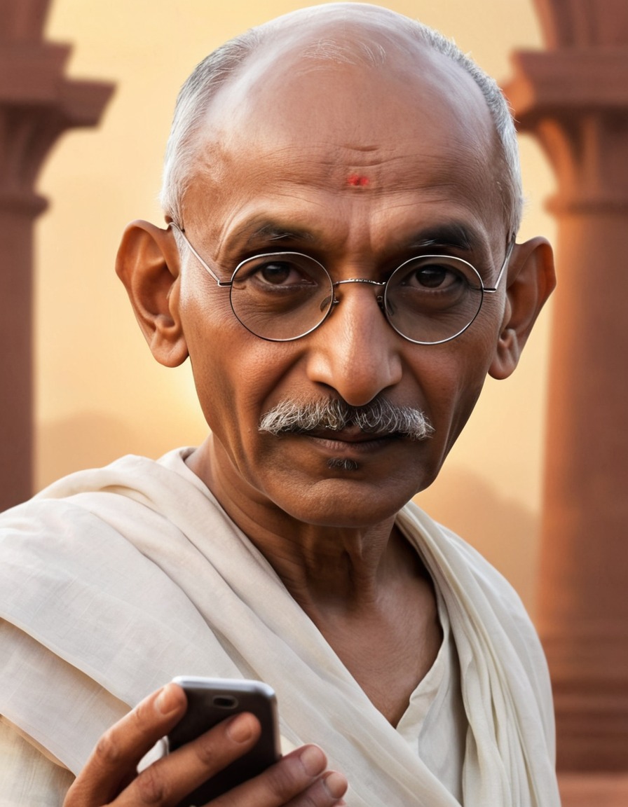 mahatma gandhi, smartphone, technology, communication, modernization