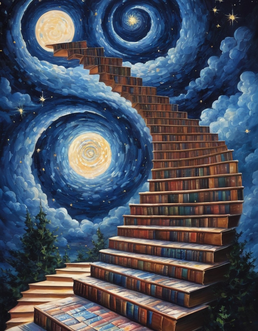 books, staircase, starry night, fantasy, creativity, surreal