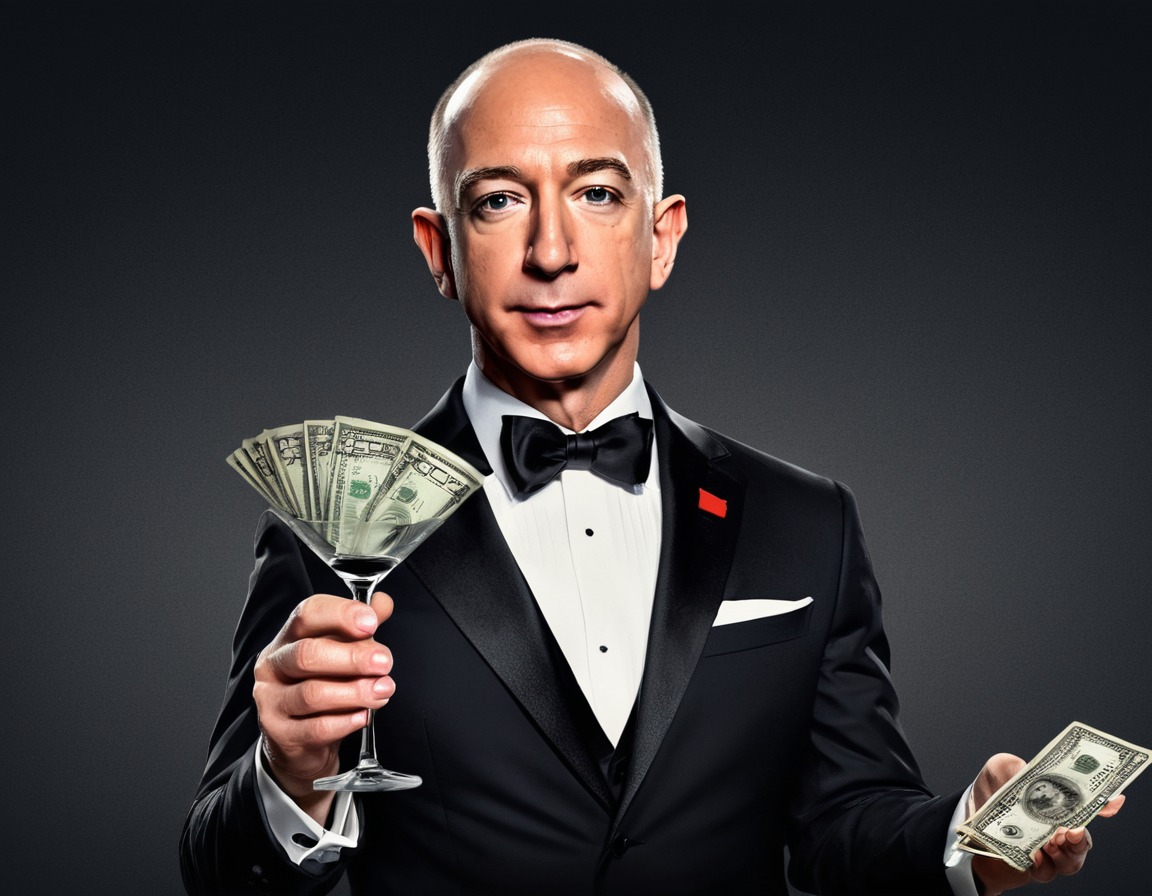 jeff bezos, tuxedo, martini glass, dollar bills, extravagant lifestyle, amazon