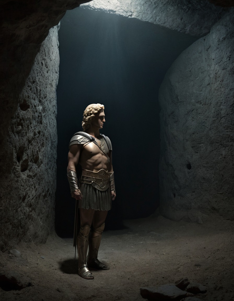 alexander the great, historical figure, ancient greece, conqueror, underground chamber, dim lighting