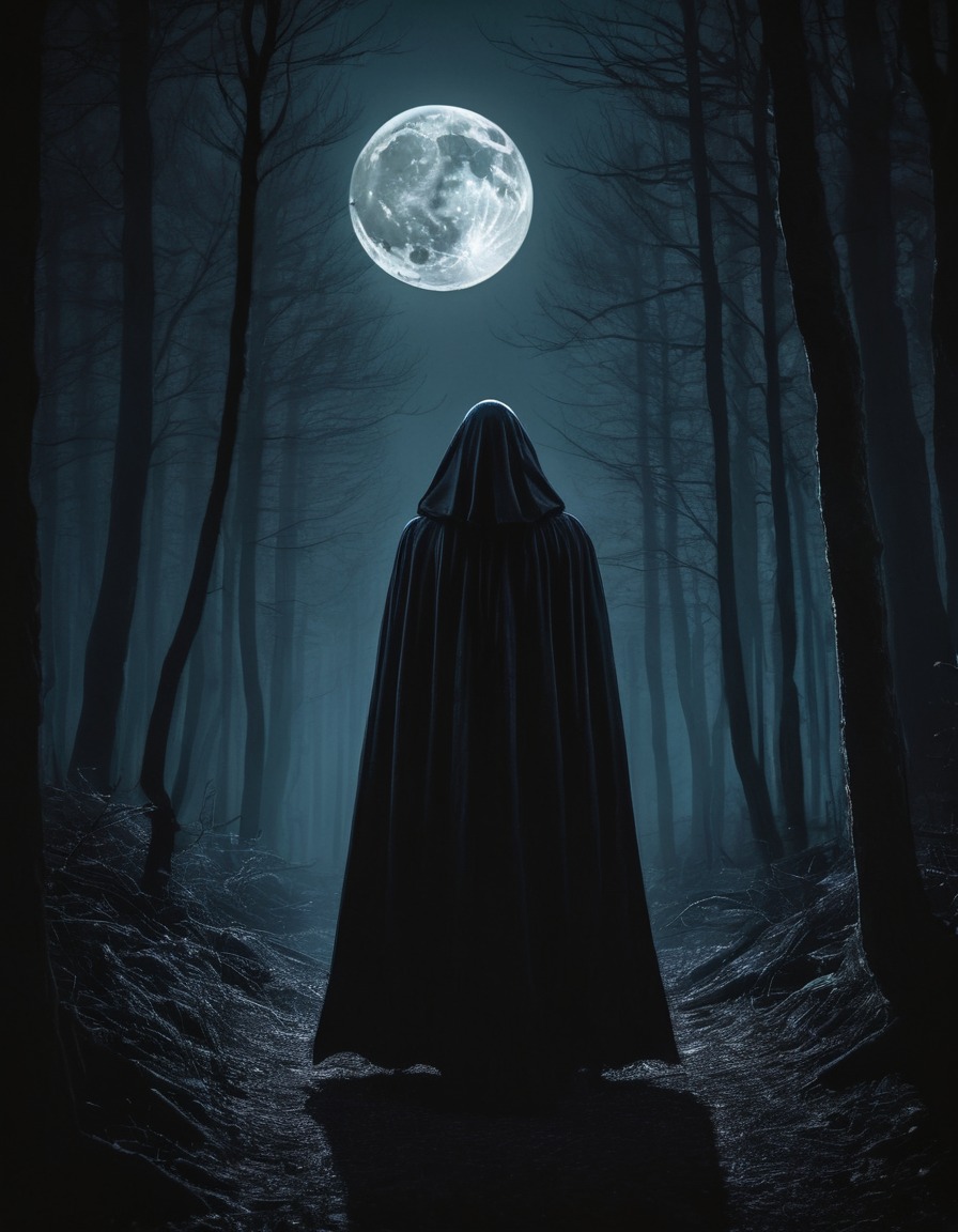 mystery, moonlight, forest, cloaked figure, shadow, gothic, underground, dark