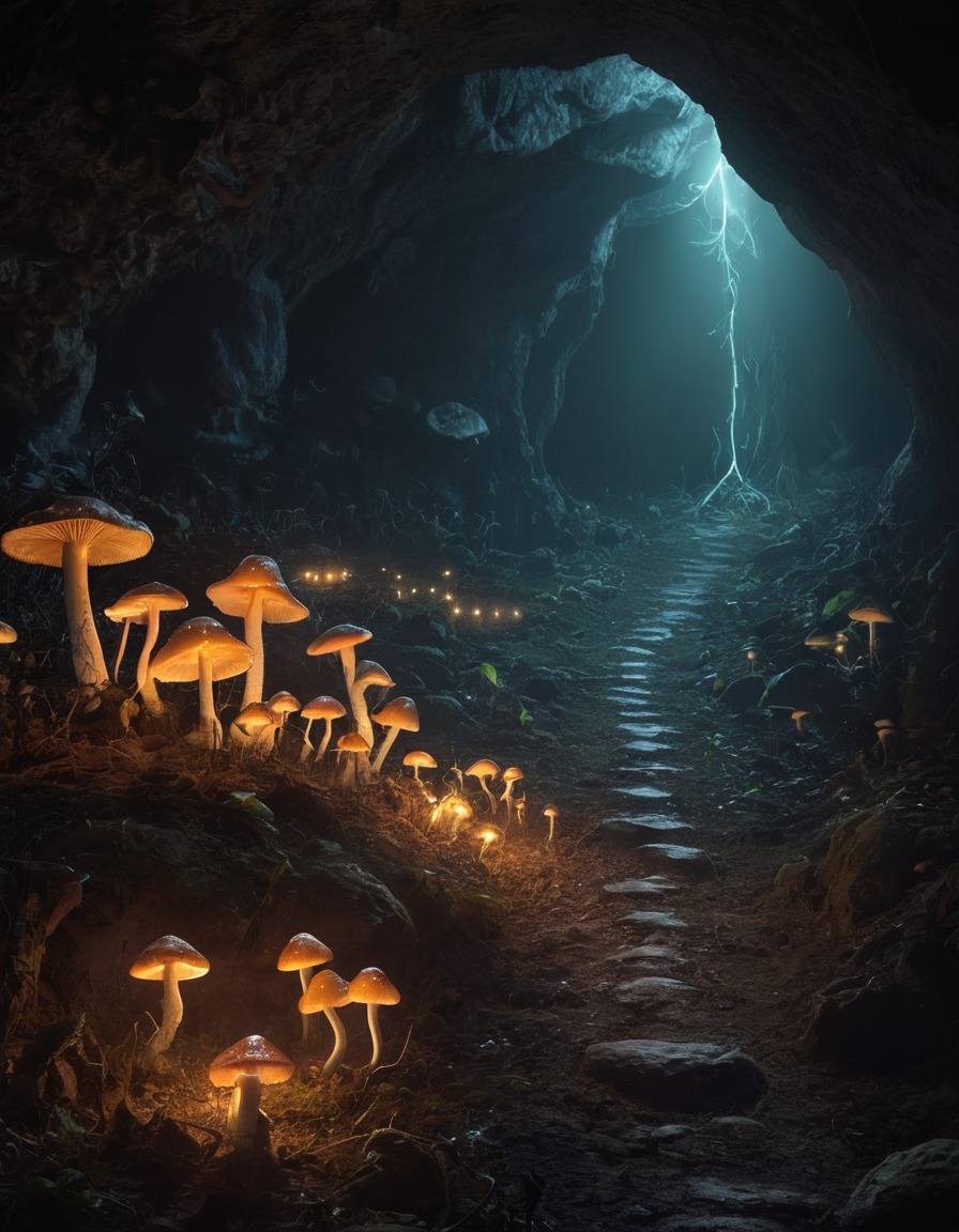 mystical, glowing mushrooms, cave, nature, magical, light, enchantment