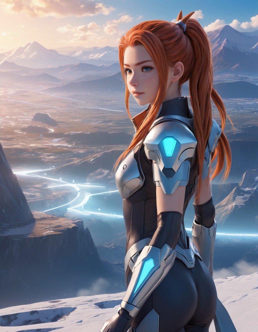 futuristic, landscape, aloy, horizon zero dawn, video game character, anime, games