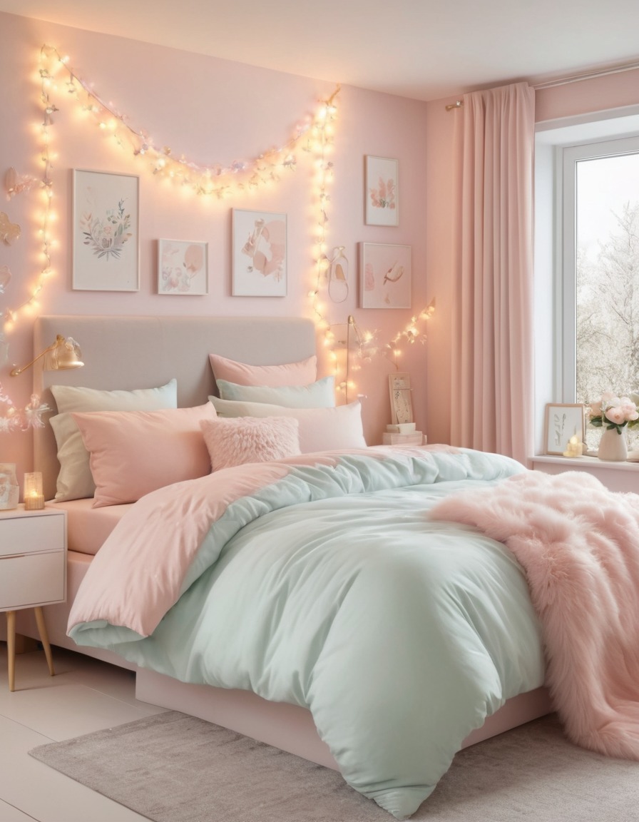 bedroom, soft colors, fairy lights, pastel colors, home, interior