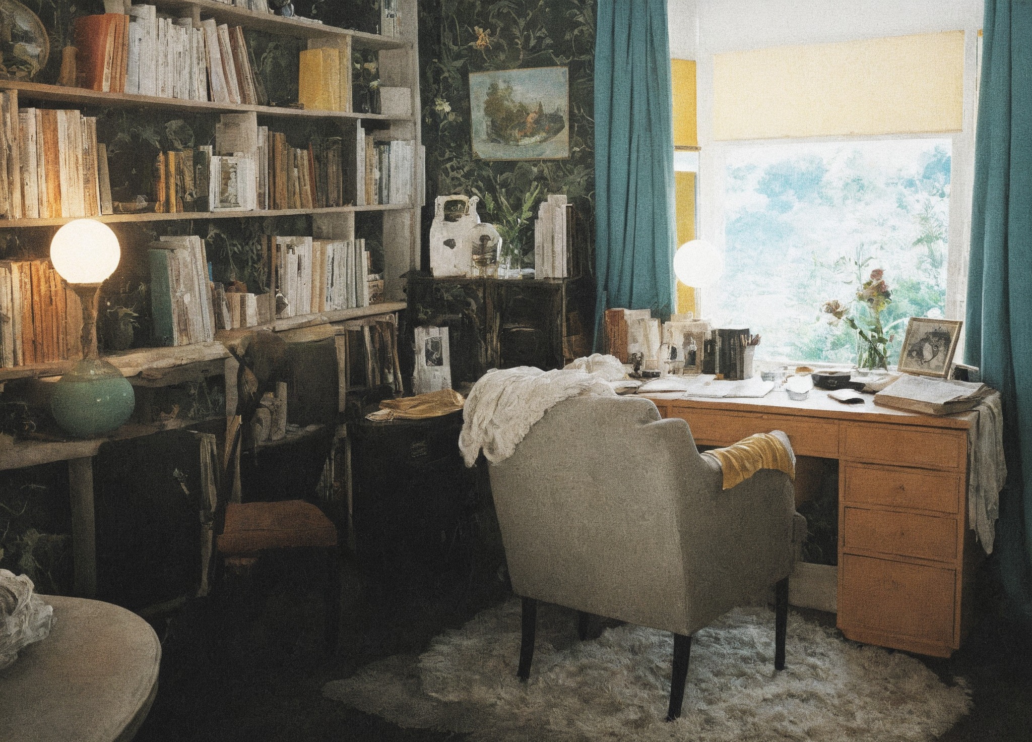 vintage, vintage interior, 1980s, 80s, interior design, home decor, home office, study, bookshelves, desk, floral, upholster, rug, corner chair, william morris, wallpaper, blackthorn, classical, style, irish, home