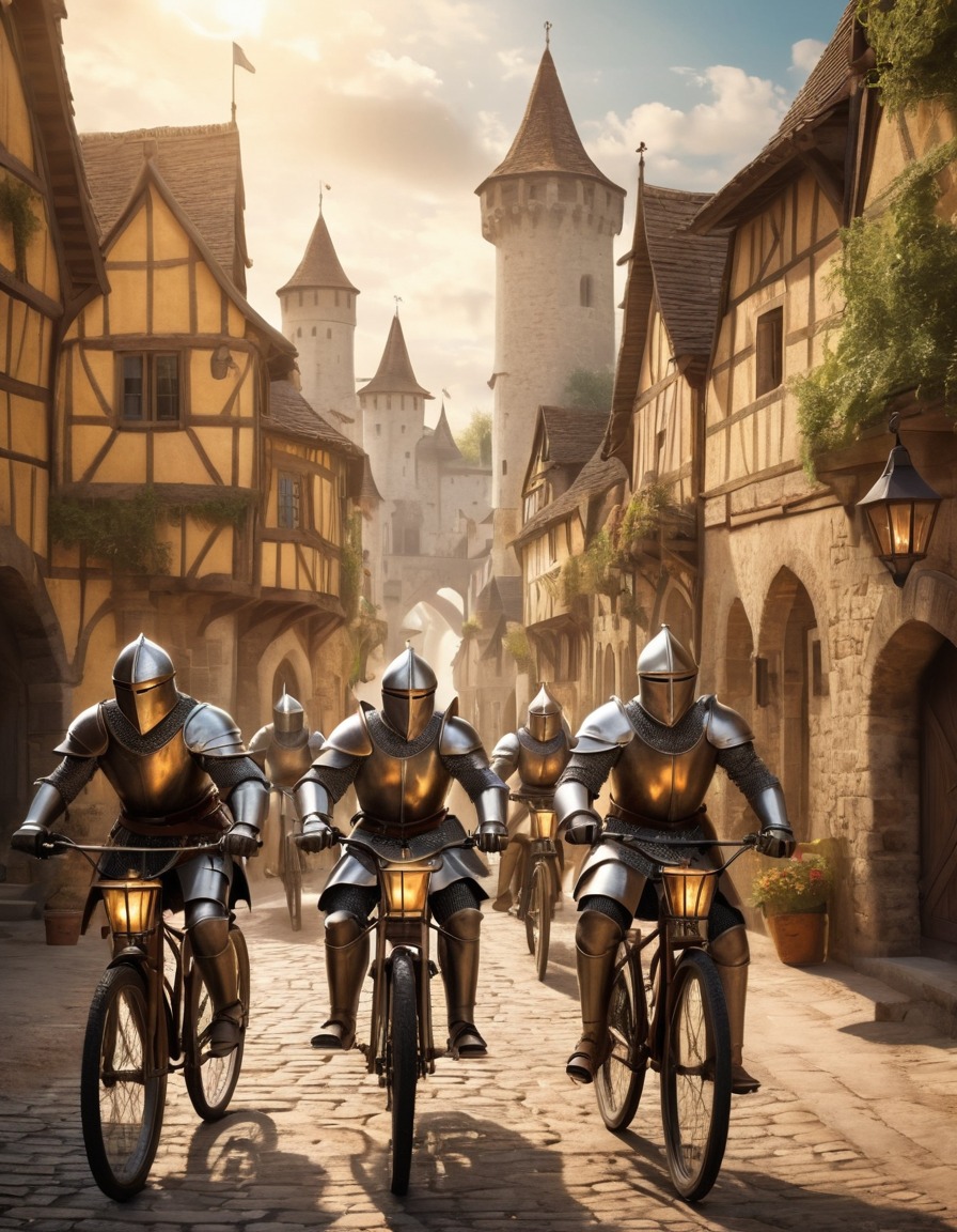 knights, shining armor, bicycles, medieval village, adventure, fantasy, medieval, art