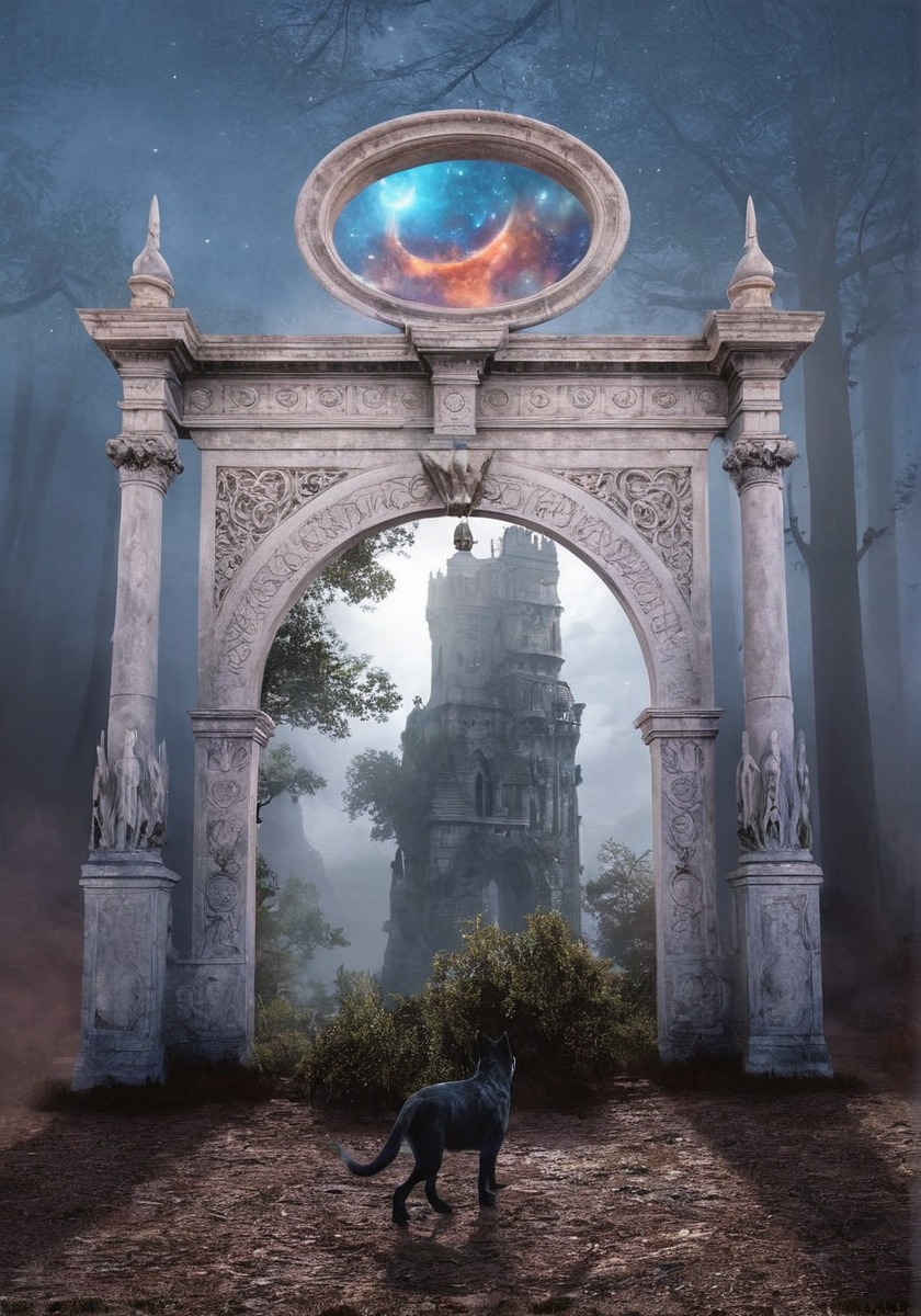 castle, dream, fantasy, forest, gate, man, photomanipulation, portal, surreal