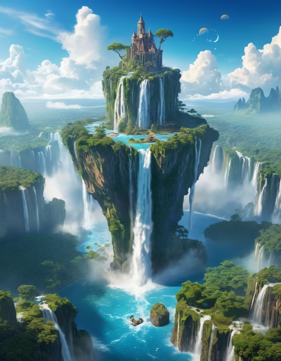 floating island, sky, waterfalls, fantasy, oasis, aerial, nature