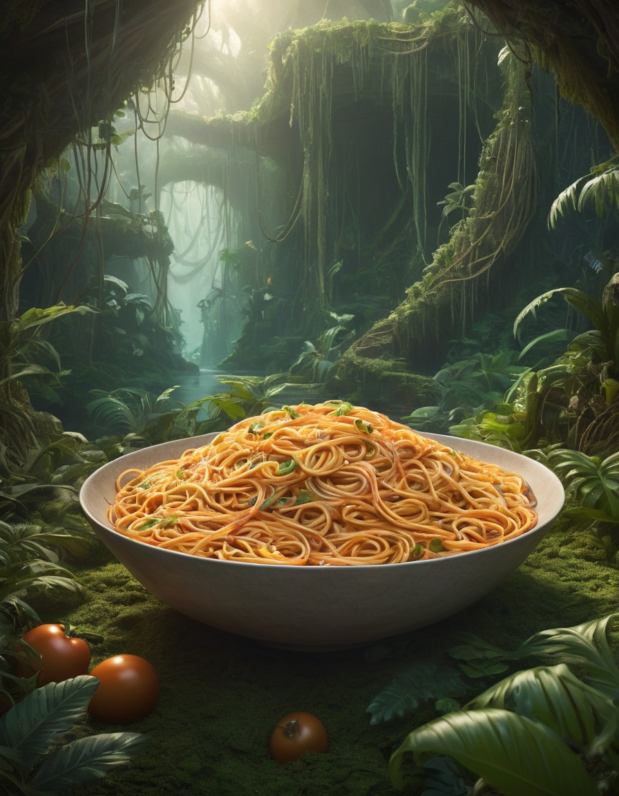 spaghetti, giant, jungle, strange, food, nature, mystery