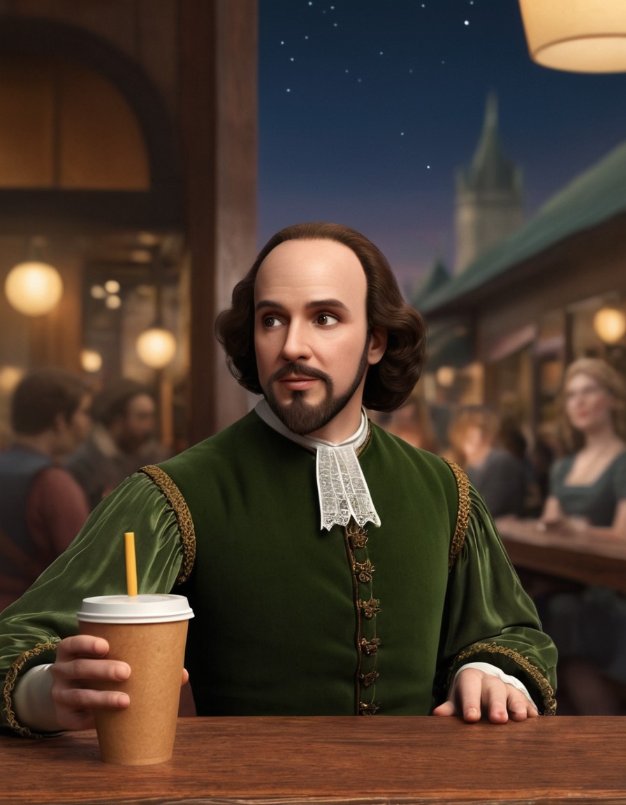 william shakespeare, coffee shop, ordering, drink, playwright, historical figure