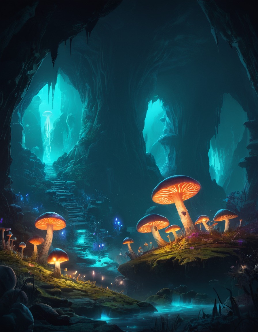 fantasy, gnomes, bioluminescent, cavern, hidden, fantastic