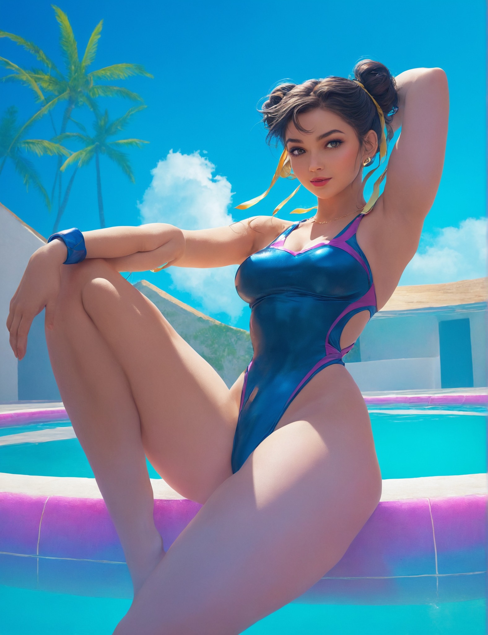 chun-li, street fighter, art, purple, pink, neon, sexy, blue, anime