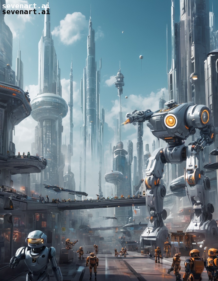 futuristic, cityscape, robots, technology, automation