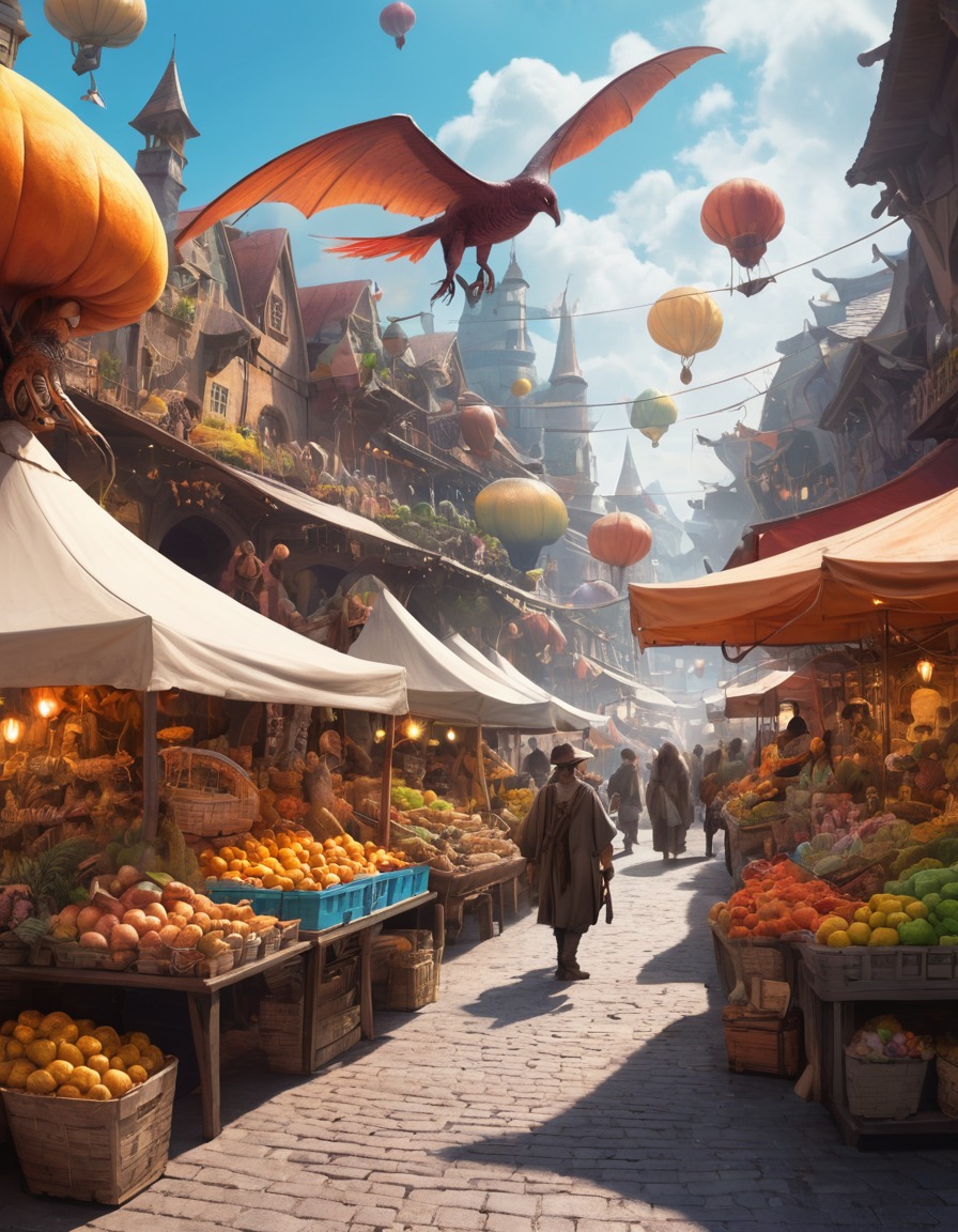 fantasy, marketplace, creatures, colorful, goods, fantastic