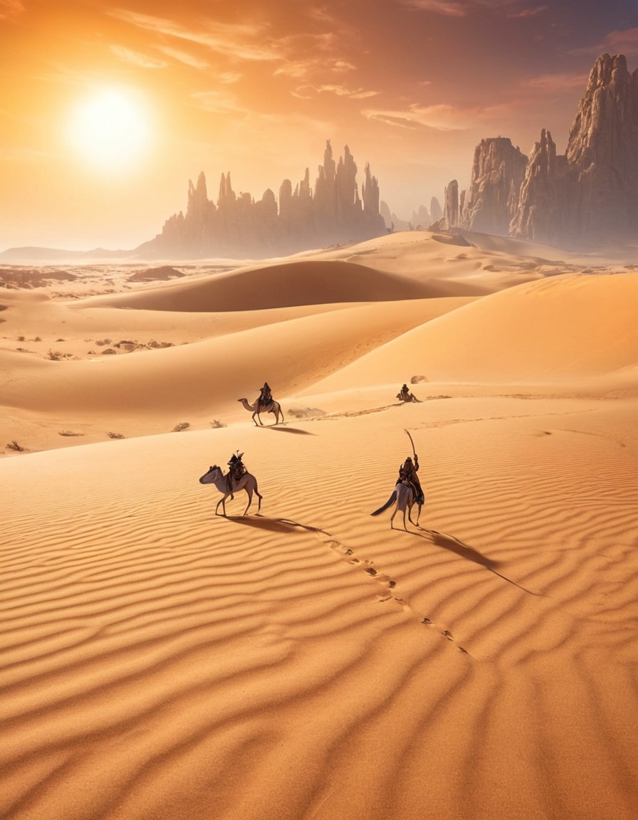 desert landscape, sand dunes, mythical creatures, fantasy, mythical beings, fantastic