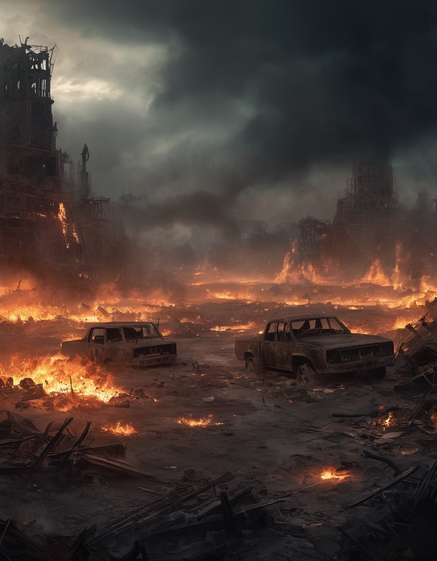 wasteland, flames, battle, chaos, mad max