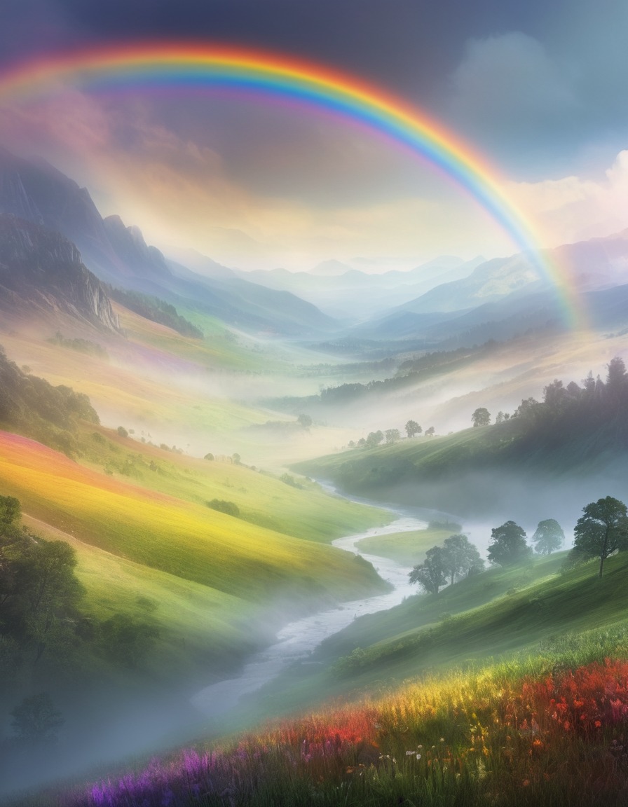 nature, rainbow, landscape, misty, beauty