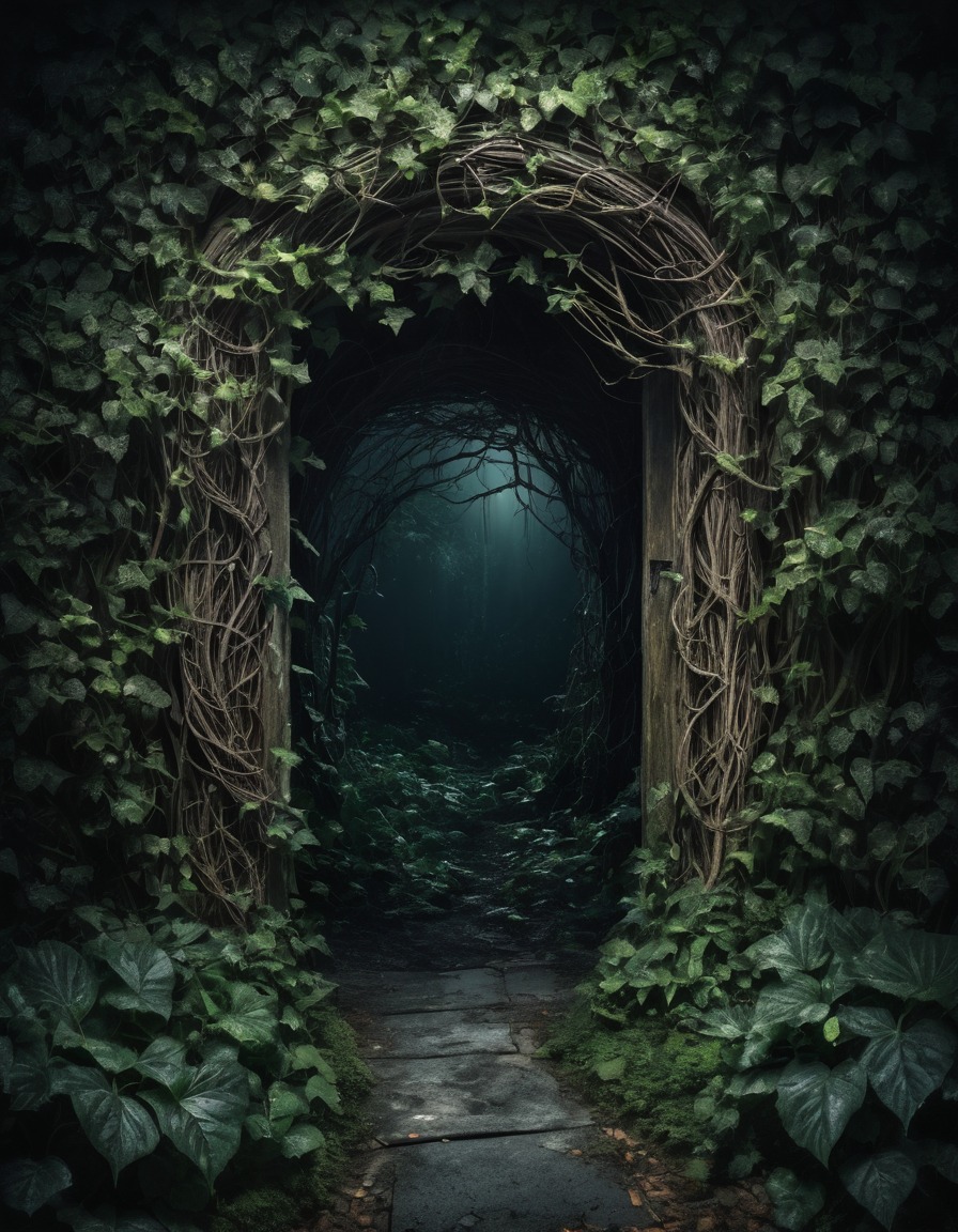 mystical, garden, doorway, vines