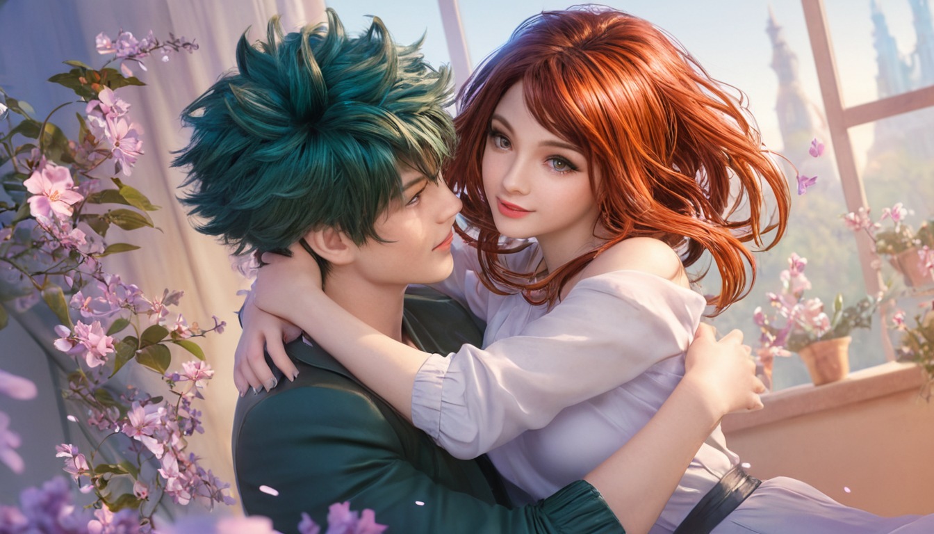 adorable, couple, cuddling, cutecouple, digitalart, embrace, peaceful, portrait, prettygirl, romance, romatic, coupleromance, midoriyaizuku, urarakaochako, izuocha, midoriyaxuraraka, aigenerated, midjourney, 726shsart, bnjacob