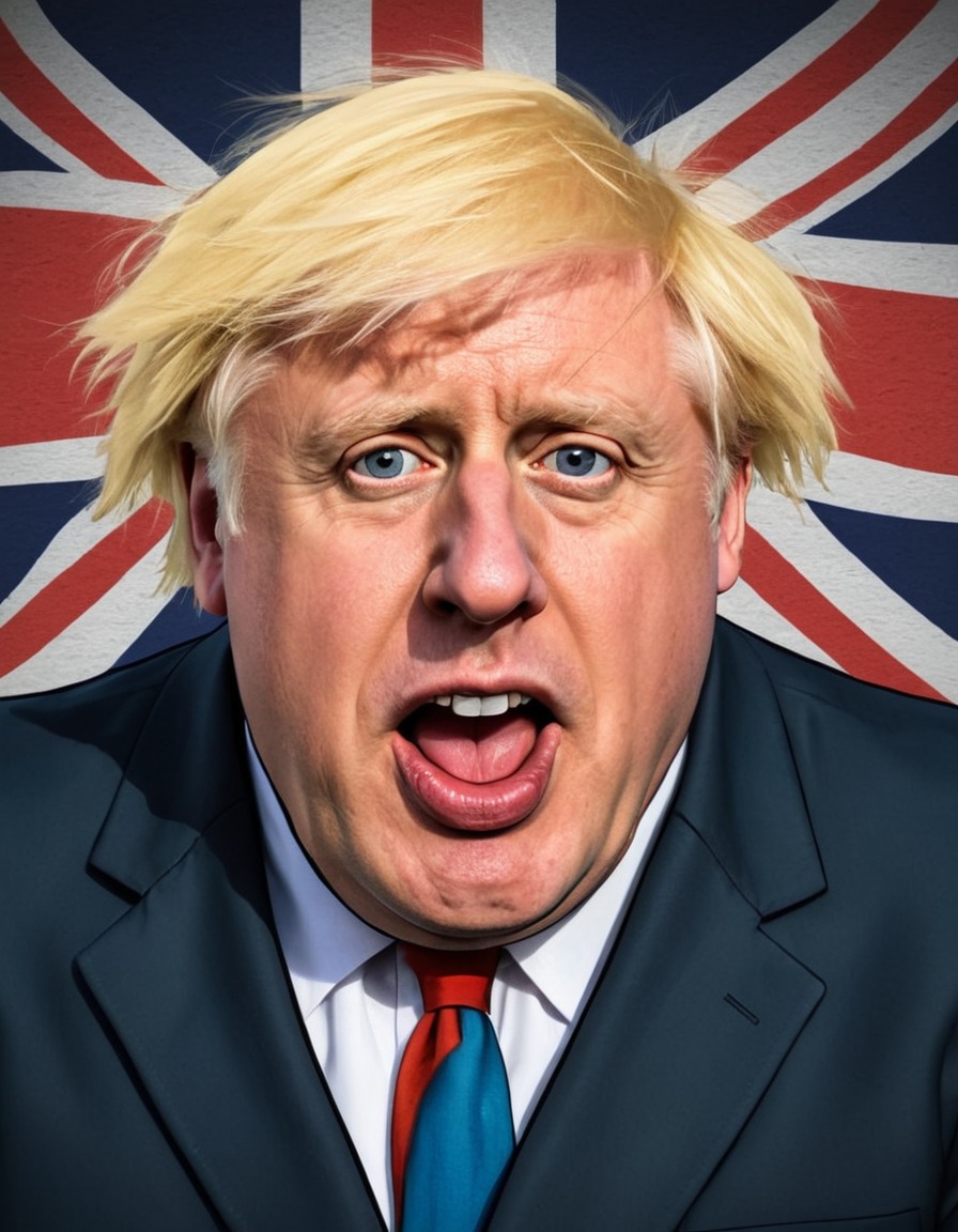 caricature, boris johnson, exaggerated features, humorous attire, politics