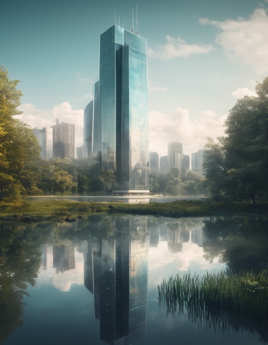 modern architecture, futuristic, reflection, skyscraper, pond