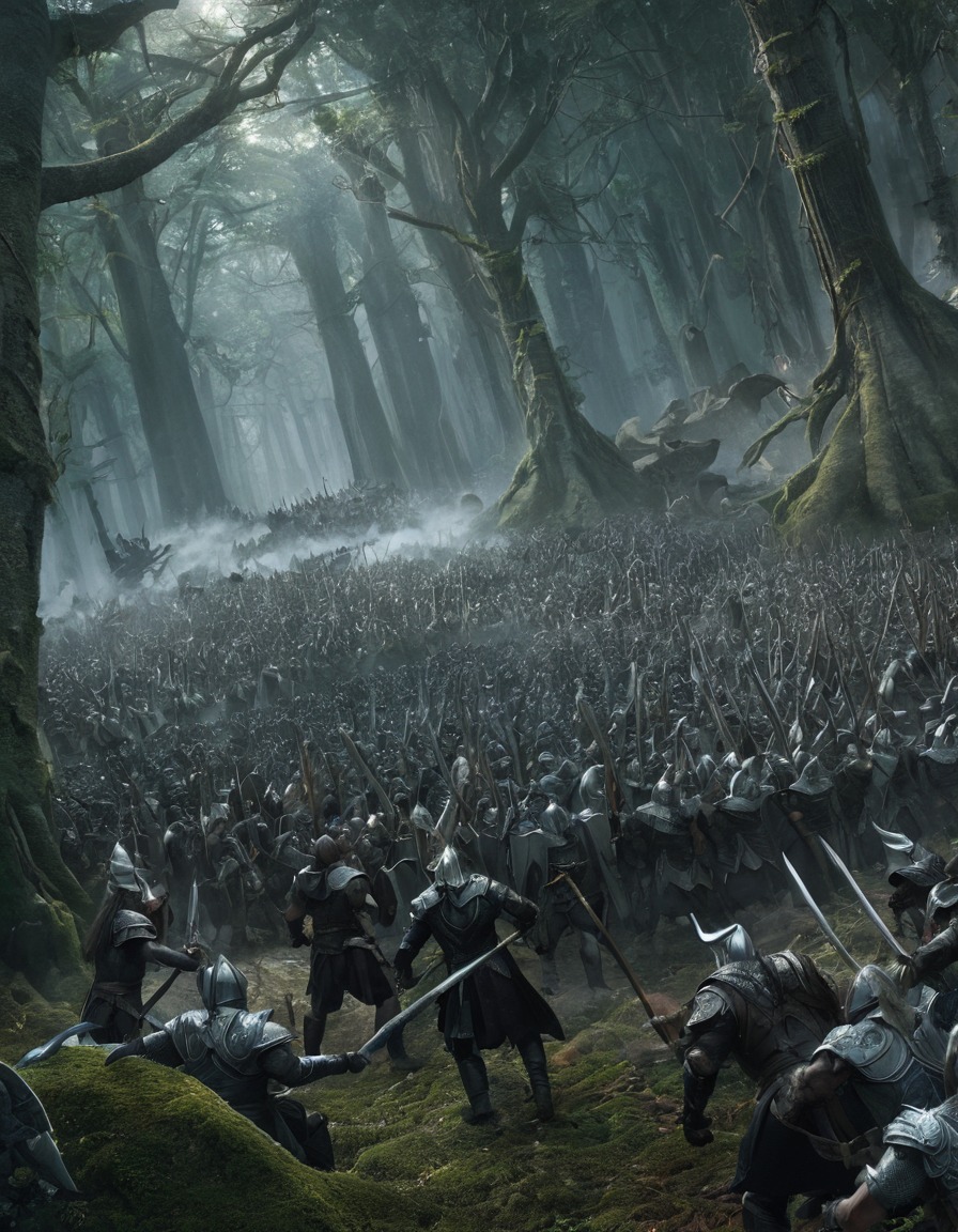 fantasy, battle, elves, orcs, forest, john tolkien, tolkien