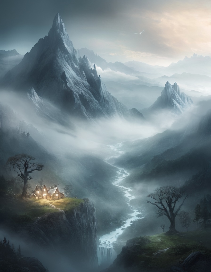 fantasy, mountain, mist, mythical creatures, landscape, fantastic