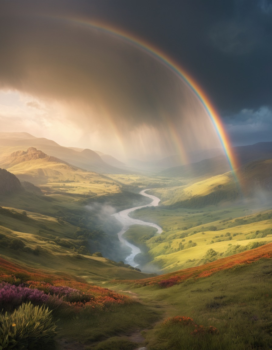 nature, landscape, rainbow, weather, misty valley