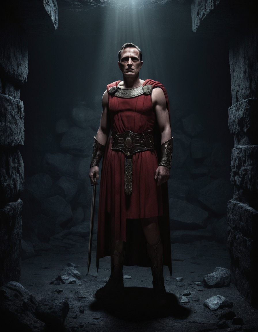 julius caesar, roman empire, historical figure, defiance, leadership, underground chamber, dim lighting