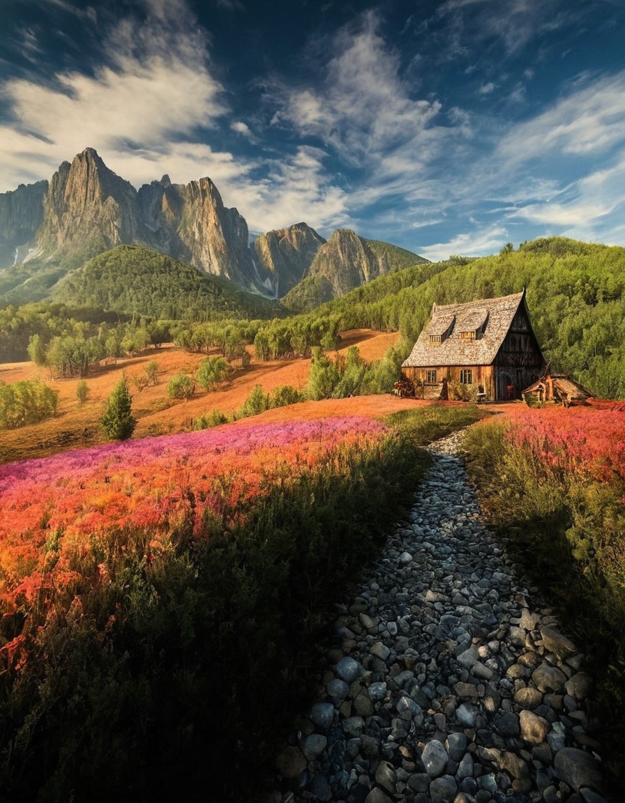 poland, landscape, mountain, cottage, pink flowers, wild flowers, path, nature, flowers, beautiful, petitworld favs