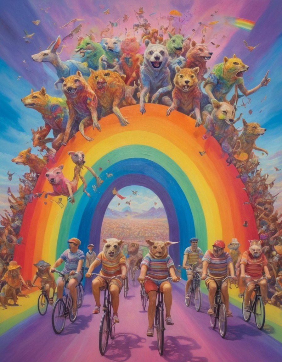 people, animal heads, bicycles, rainbow, fantasy, surreal