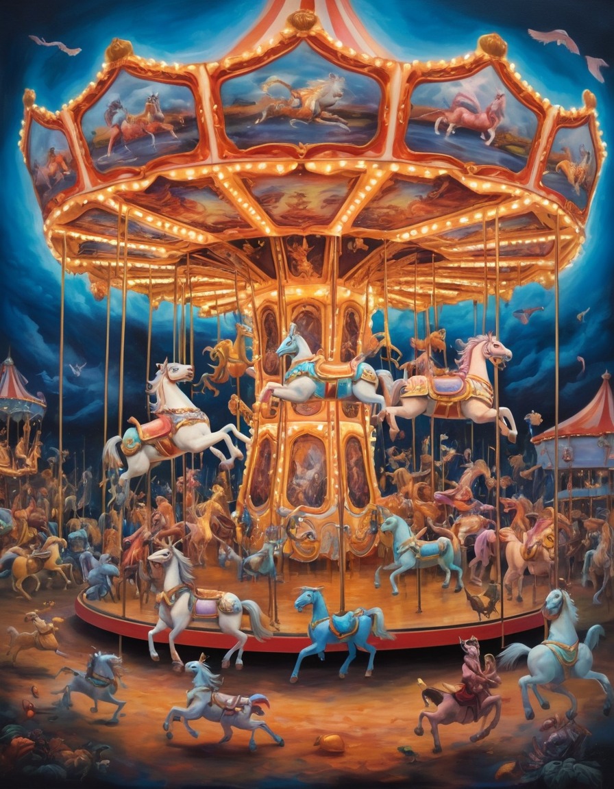 carousel, mythical creatures, fantasy, amusement park, surreal