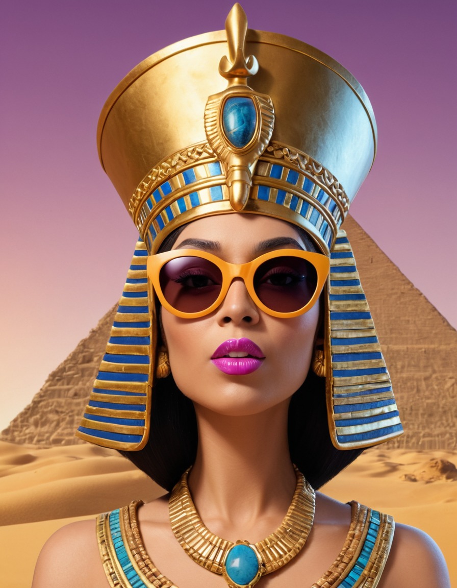 caricature, cleopatra, oversized sunglasses, pharaoh hat, humor, funny