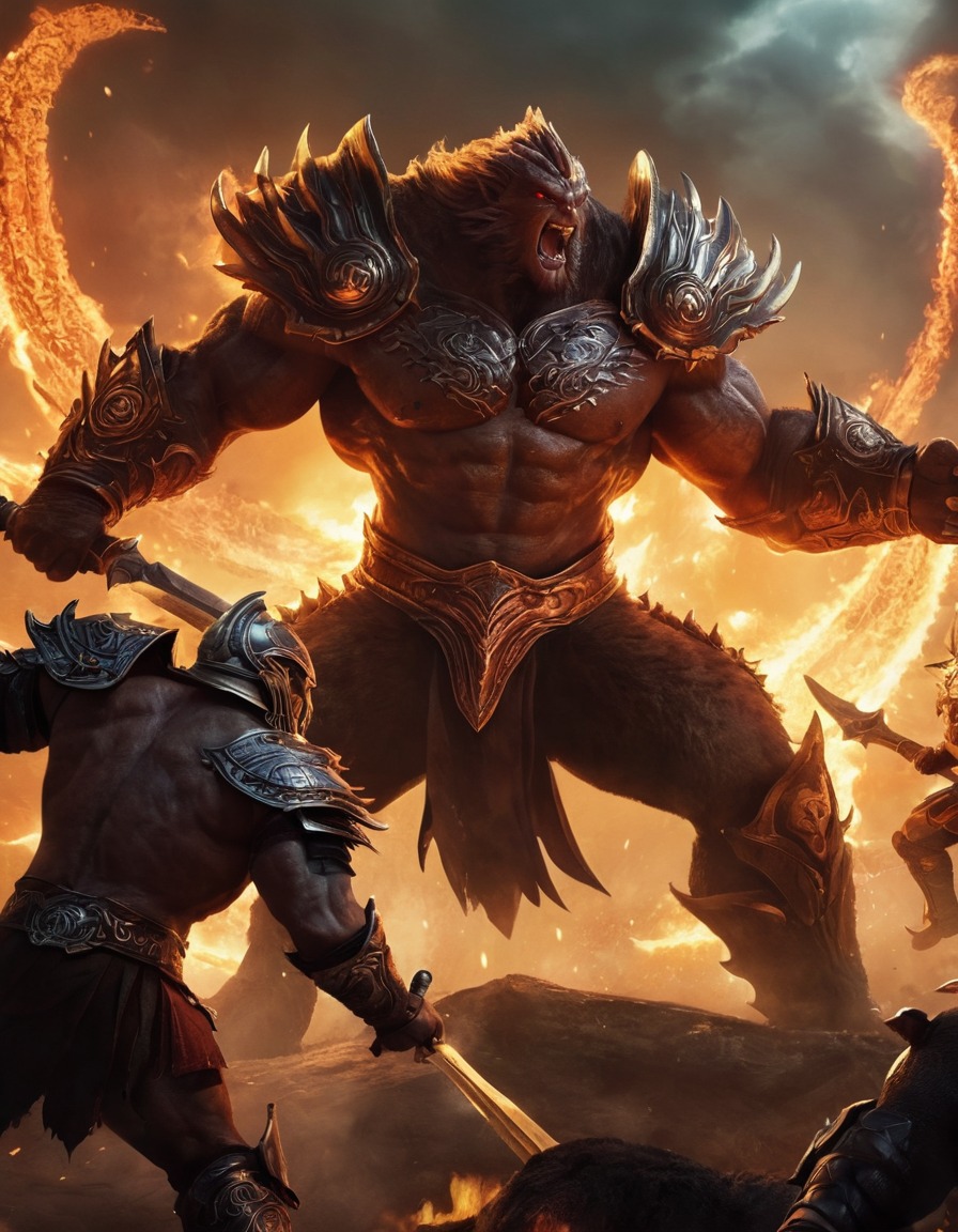 ares, epic, fight scene, monsters