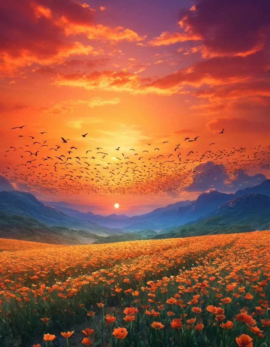 nature, sunset, birds, sky, colorful