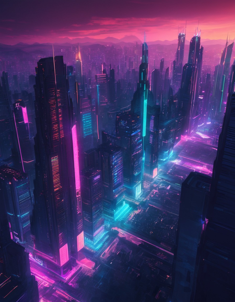 futuristic, skyline, skyscrapers, neon lights, cityscape, modern city, city