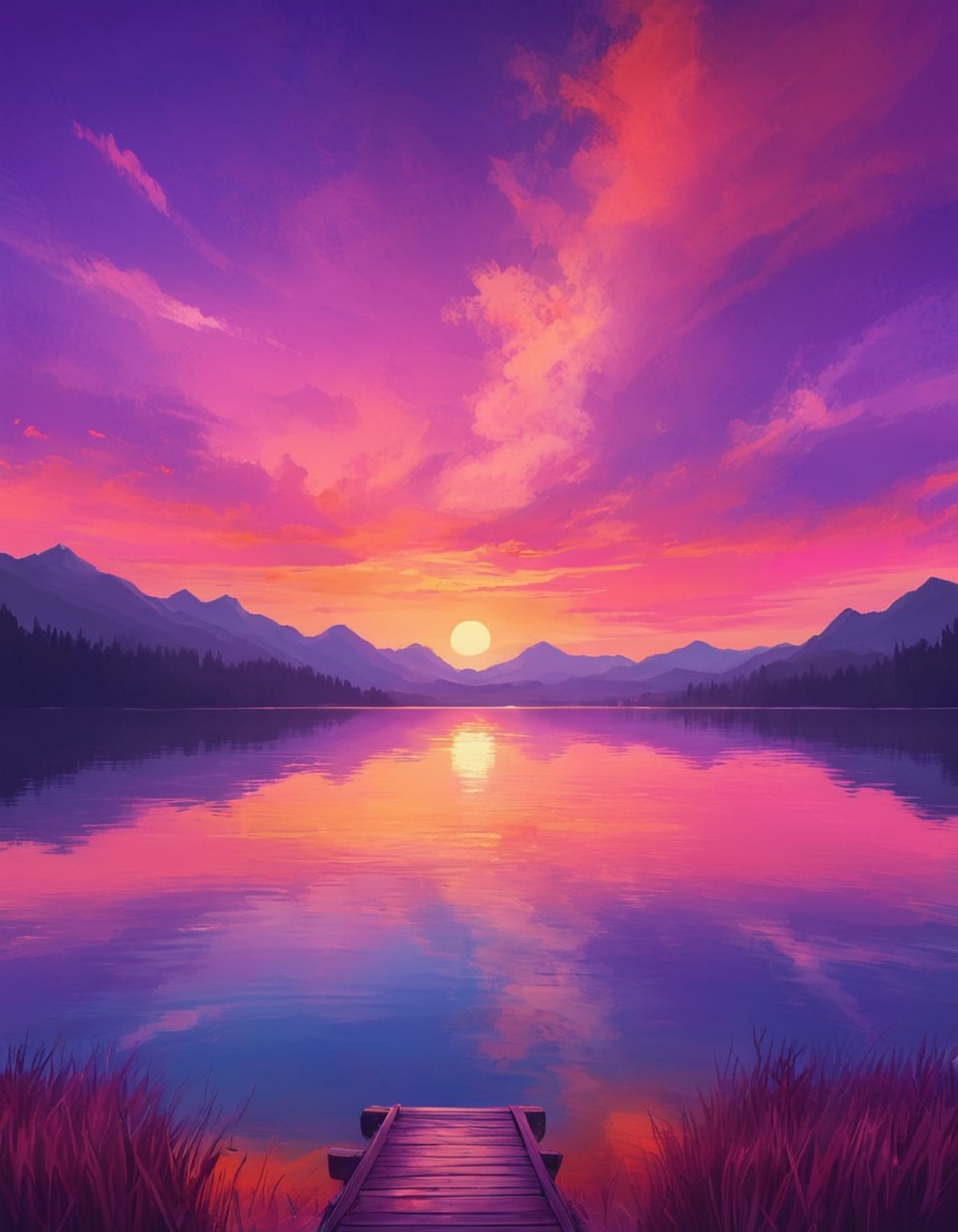 sunset, nature, lake, colorful, serene