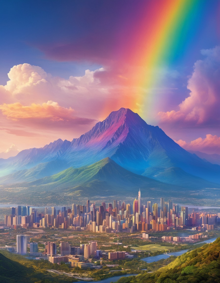 rainbow, skyline, cityscape, mountain range, nature, city