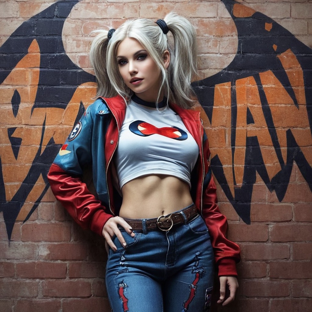 digitalart, fanart, harleyquinn, portrait, digitalpainting, batman, characterdesign, abs, clowngirl, croptop, jeans, midriff, oilpainting, croppedjacket, harley_quinn, aiart, jeanssexy, croptopshirt, croptopsexy