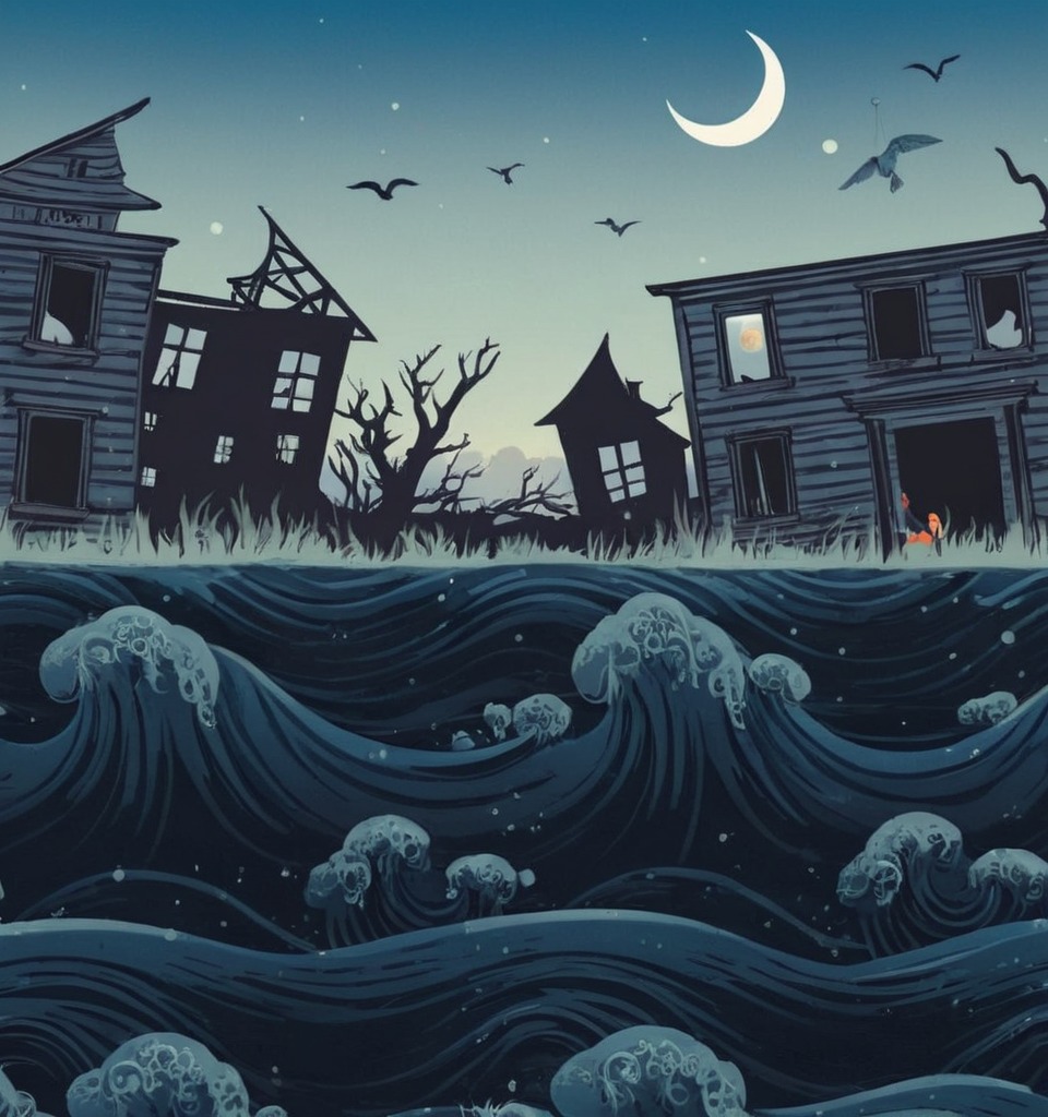 digitalart, sea, bluetones, cartoon, ghosttown