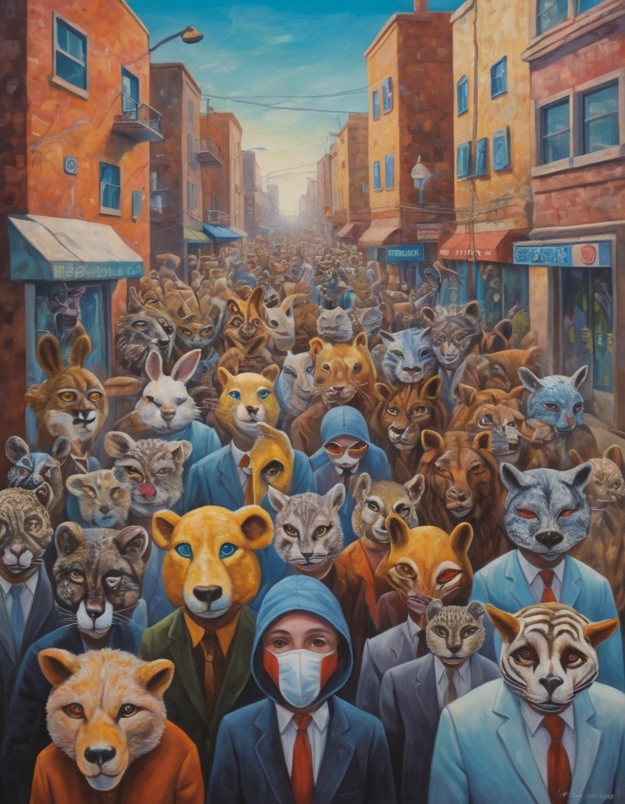 animals, masks, street, surrealism, fantasy, surreal