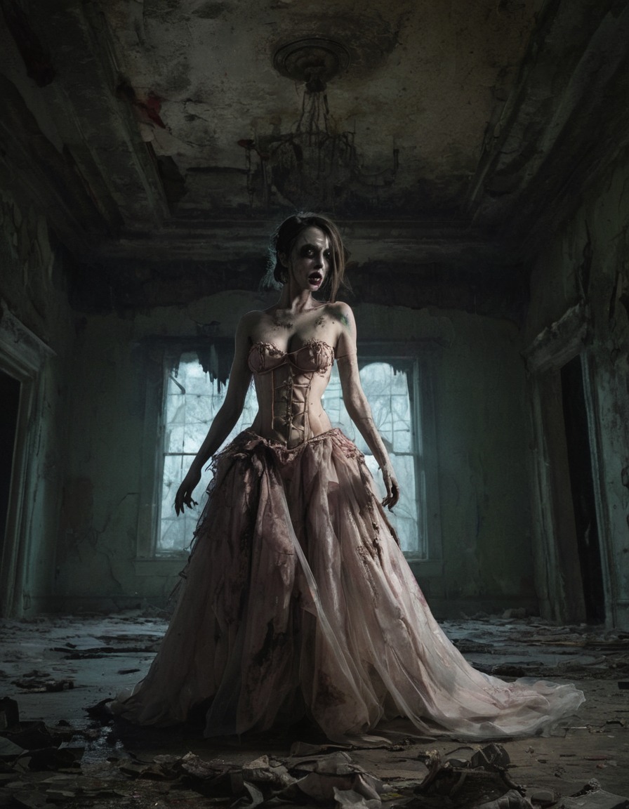 zombie, ball gown, dancing, abandoned mansion, nsfw