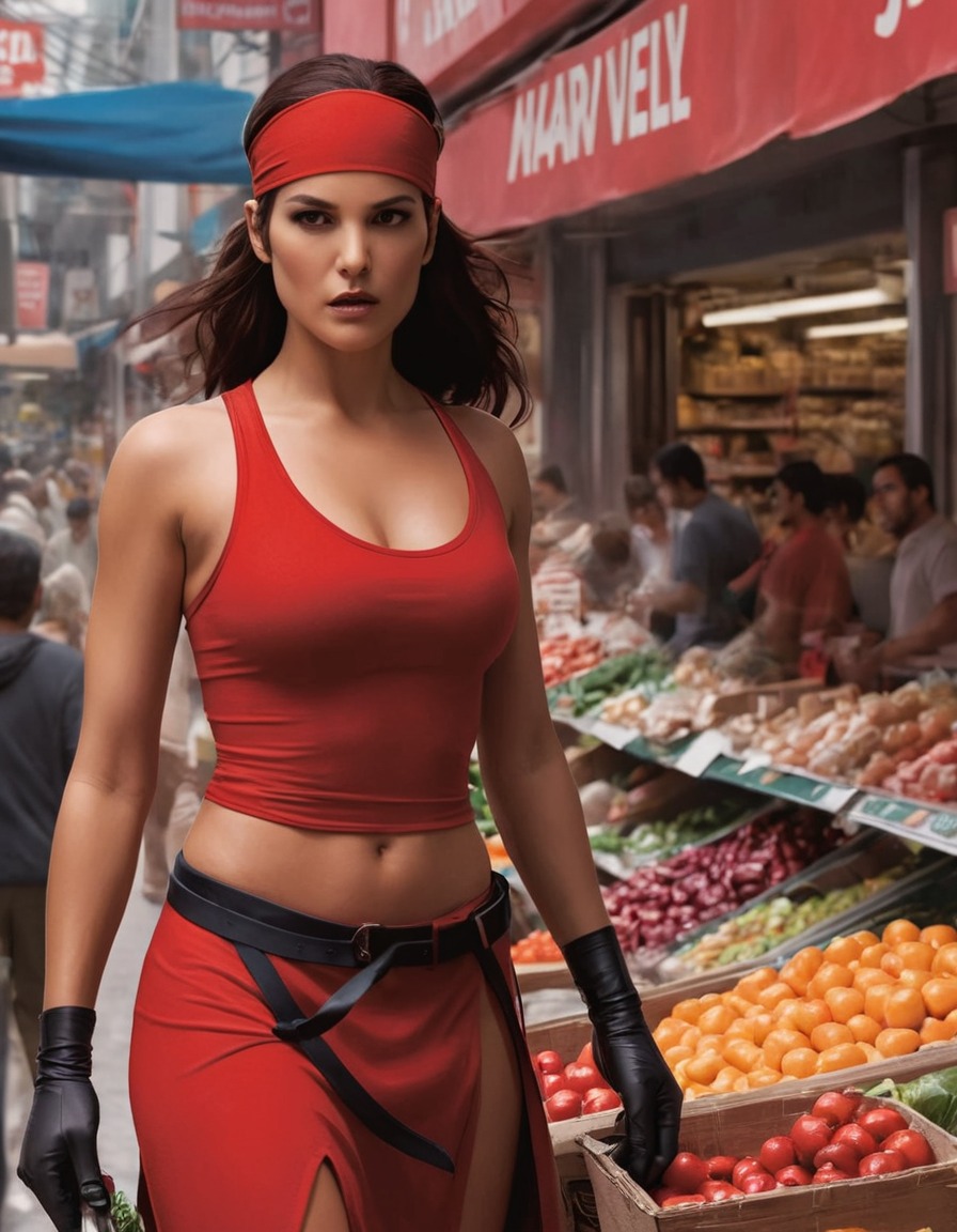 marvel comics, elektra, super hero, grocery shopping, city market, superhero, superheroine, bikini