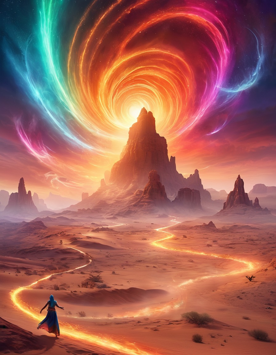 desert, landscape, djinn spirits, magic, fantasy, colorful, whimsical