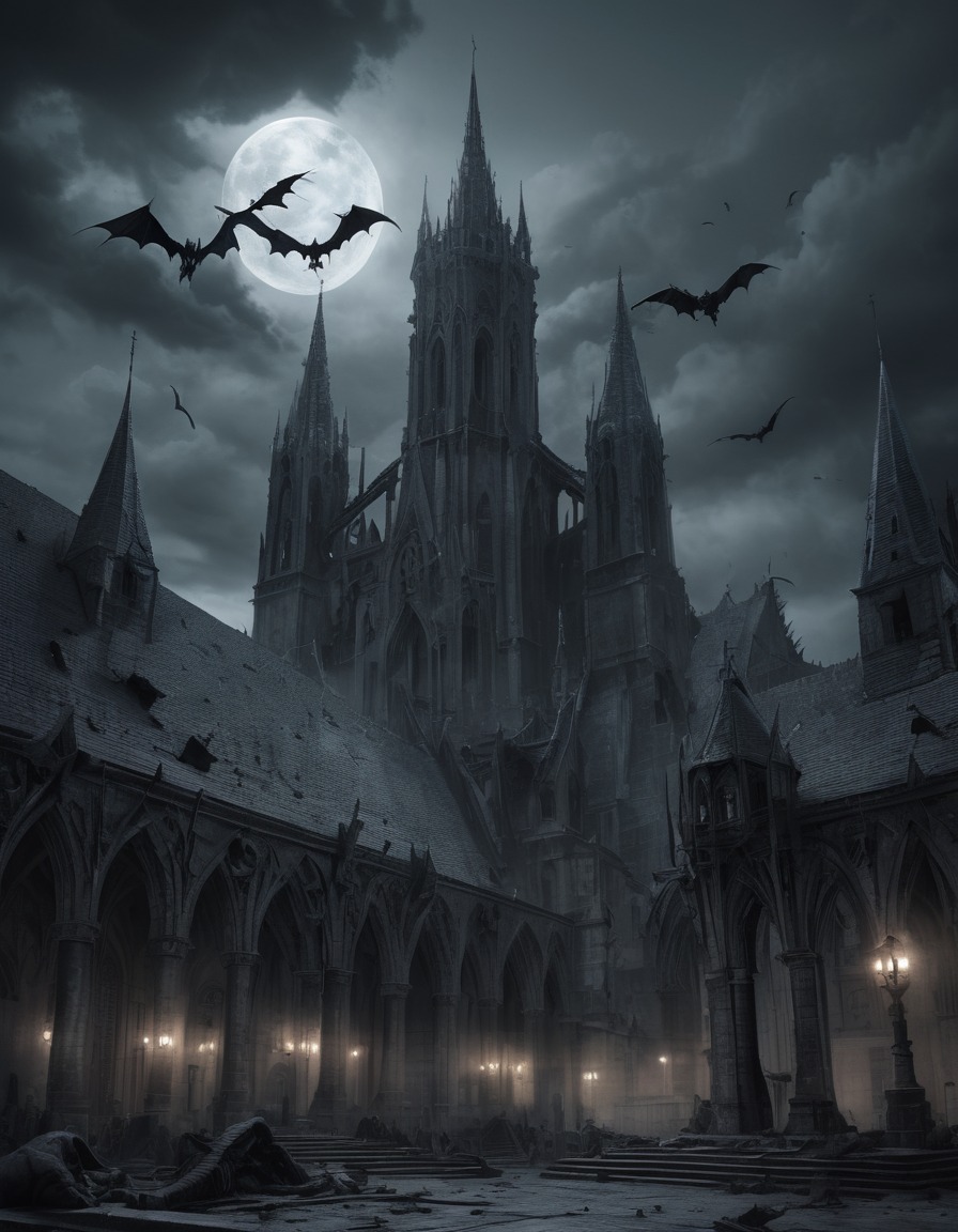 cathedral, gargoyles, deserted town square, architecture, gothic, underground, dark