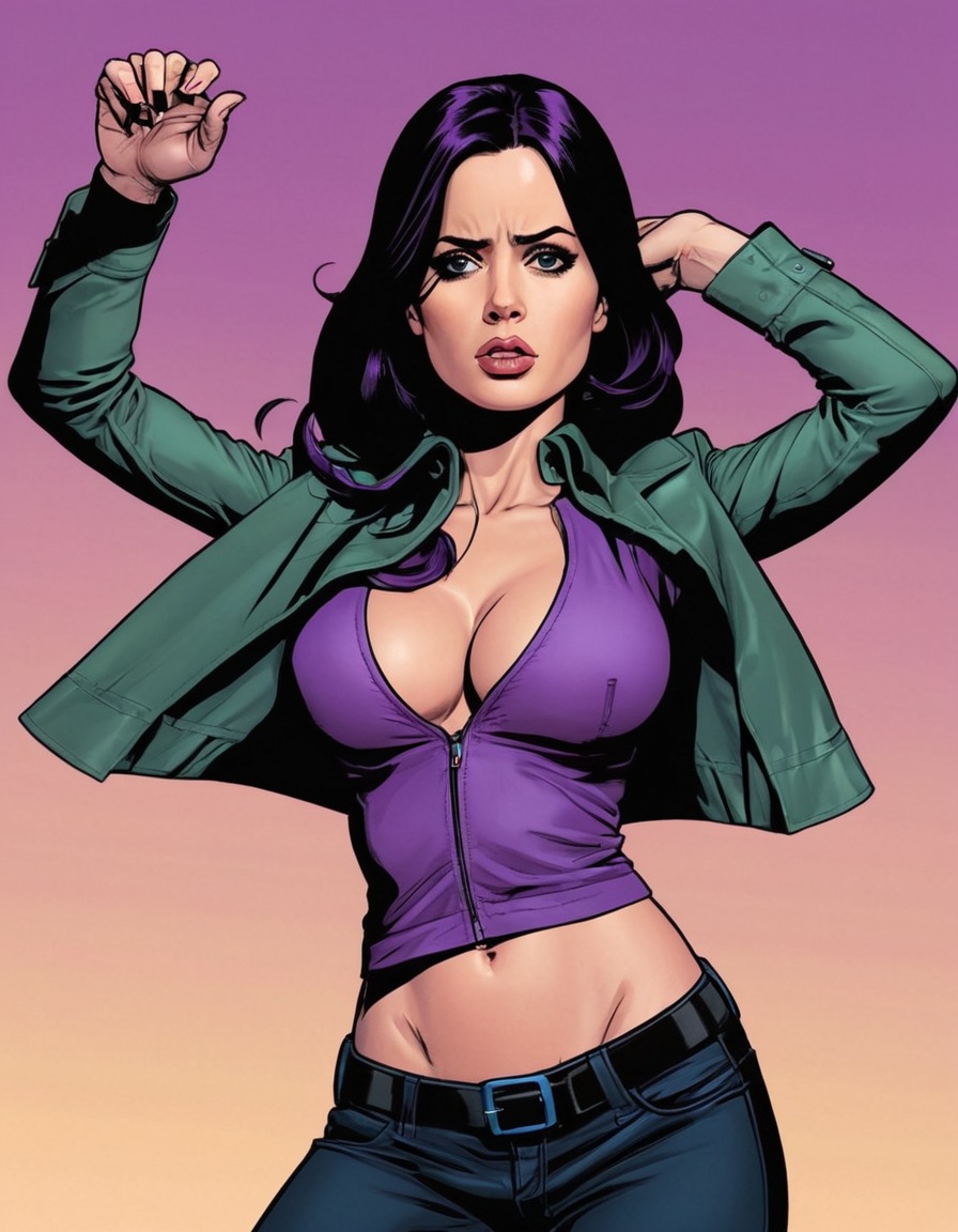 jessica jones, superhero, marvel, illustration, powerful pose, sexy, painted