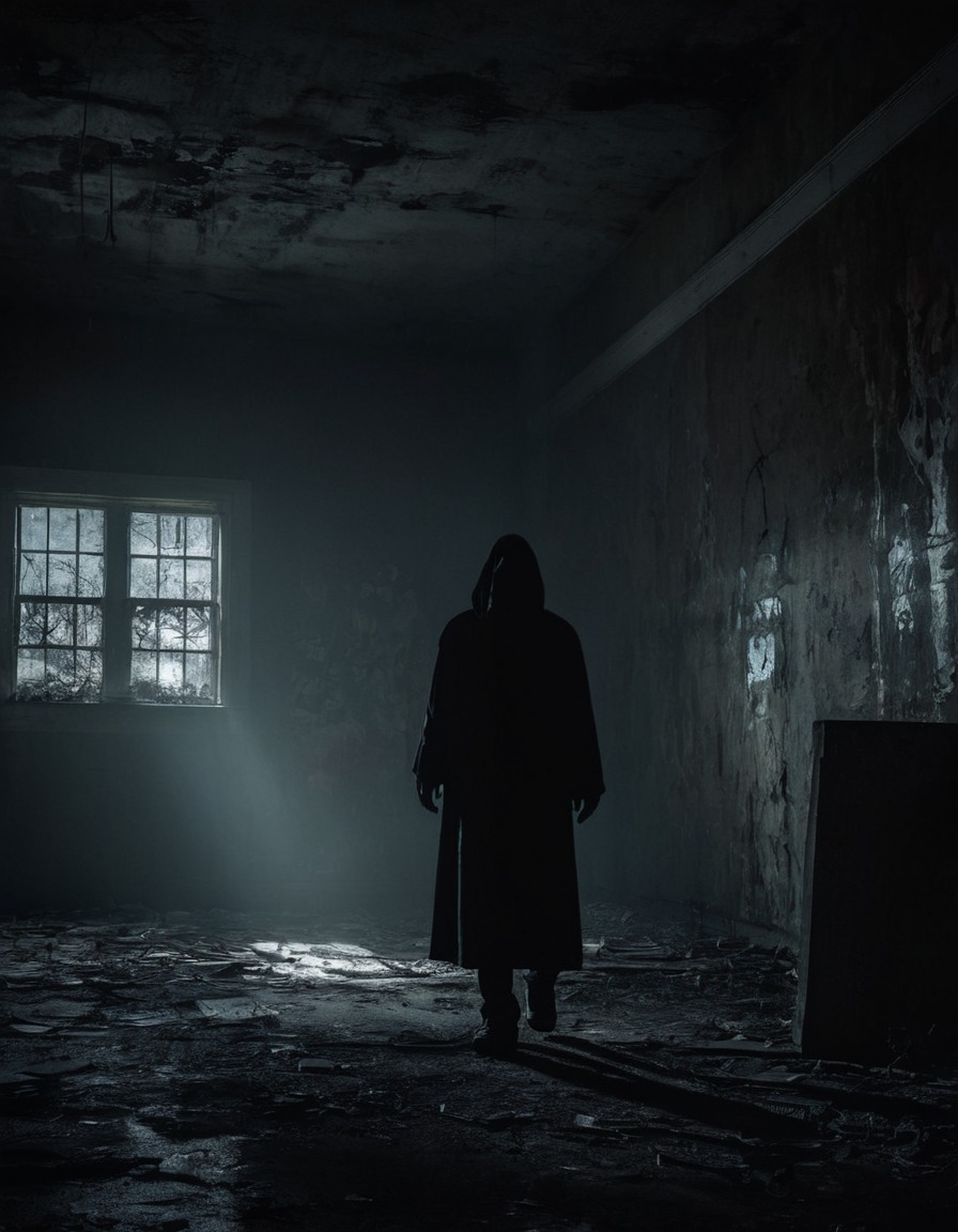 dark, mysterious, lurking, abandoned, asylum, shadowy figure, gothic, underground