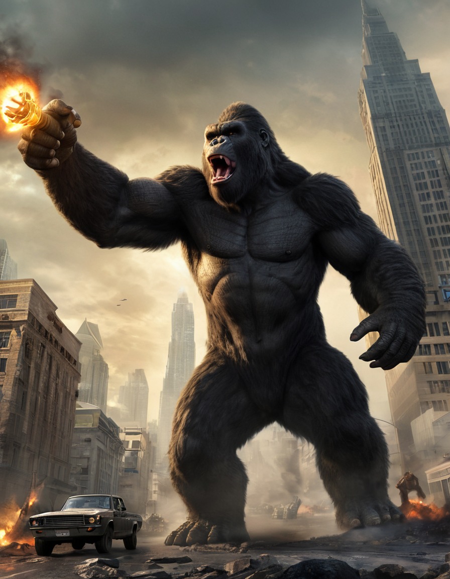 king kong, godzilla, urban destruction, giant monsters, iconic movie scene, kong